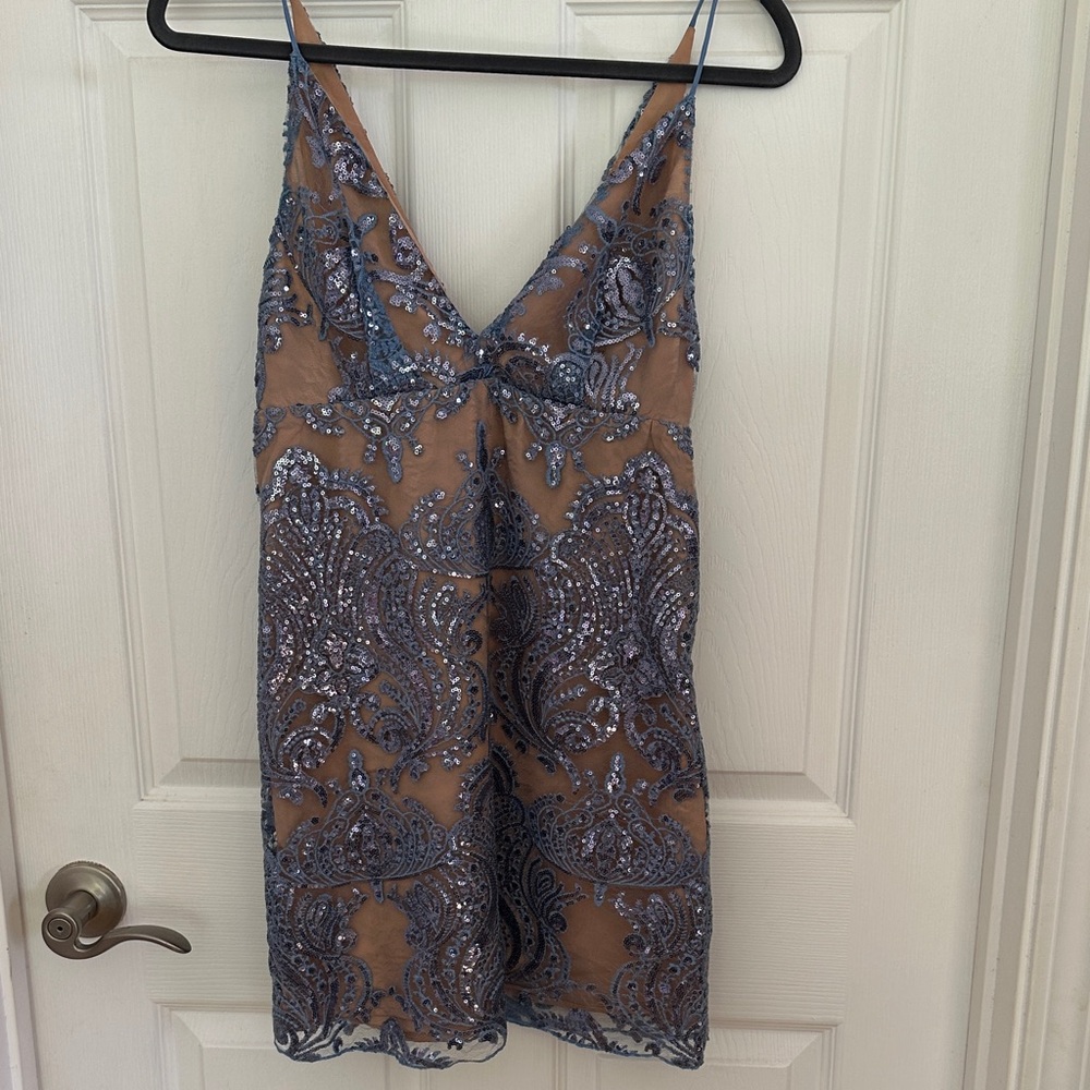 Free People Blue and Tan Lace Mini Dress